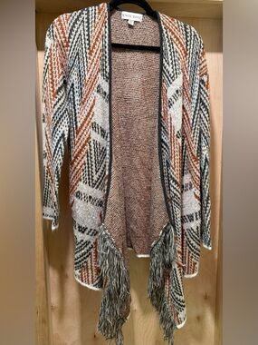 Knox Rose Open-Front Fringe Cardigan in Rust, Cream & Black Size XSmall